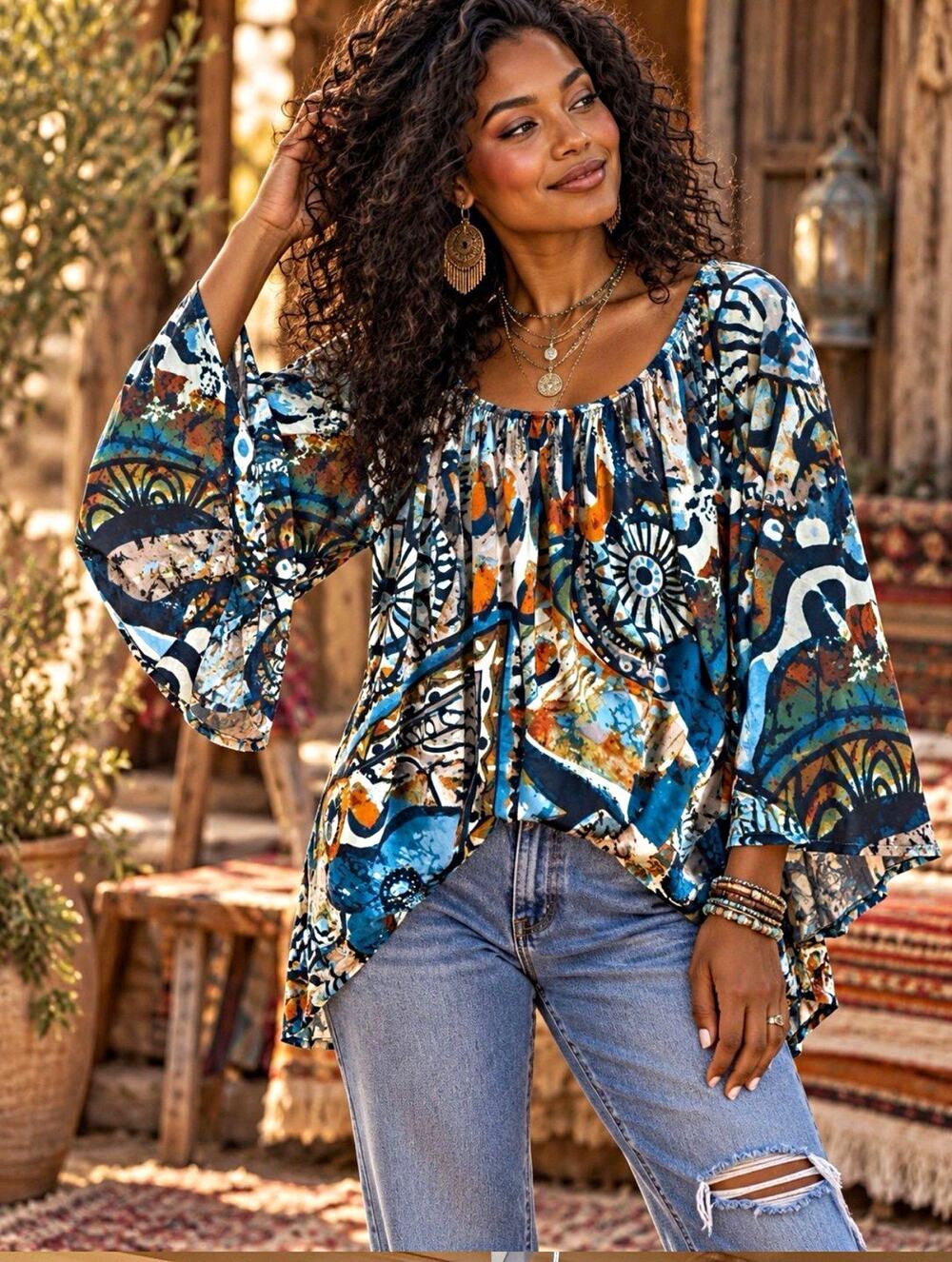 JM Blue Multicolor Abstract Print Pullover Blouse Scoop Neck Bell Sleeve L